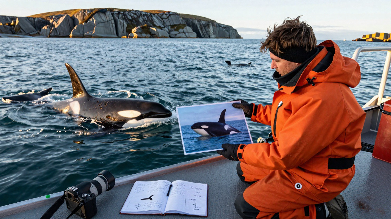Homem em traje laranja segura foto de orca no barco enquanto observa orca na água perto de penhascos rochosos.
