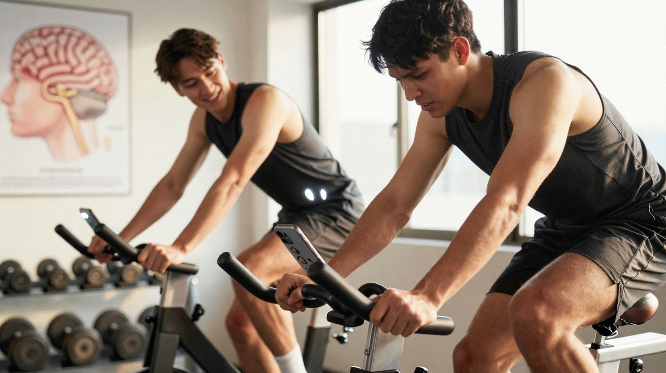 Dois homens praticando ciclismo indoor em bicicletas ergométricas dentro de academia iluminada.