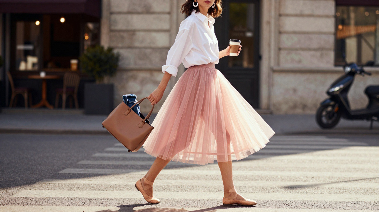 Mulher vestindo saia midi rosa, camisa branca, segurando bolsa marrom e café ao atravessar rua.