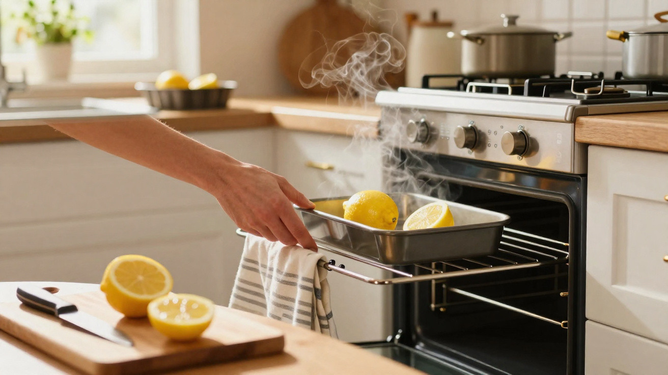 Mão retirando assadeira quente com limões do forno em cozinha iluminada e bancada com limões cortados.