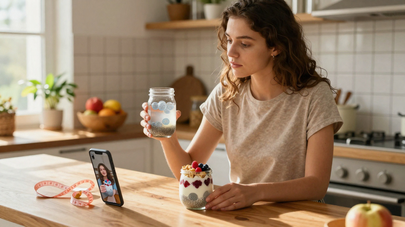 Mulher em cozinha acompanha receita no celular enquanto segura copo e pote com chia e frutas.