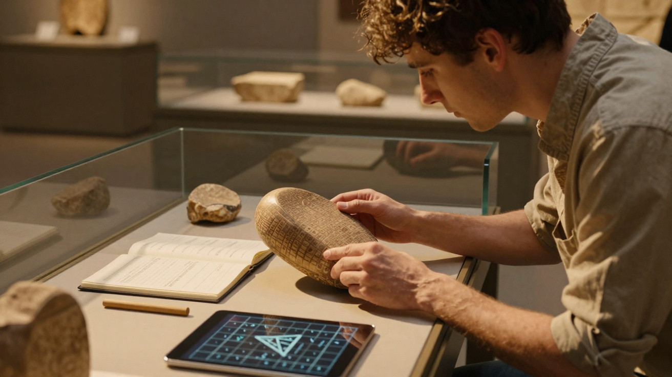 Homem examina artefato antigo com inscrições em vitrine de museu, ao lado de tablet e caderno.