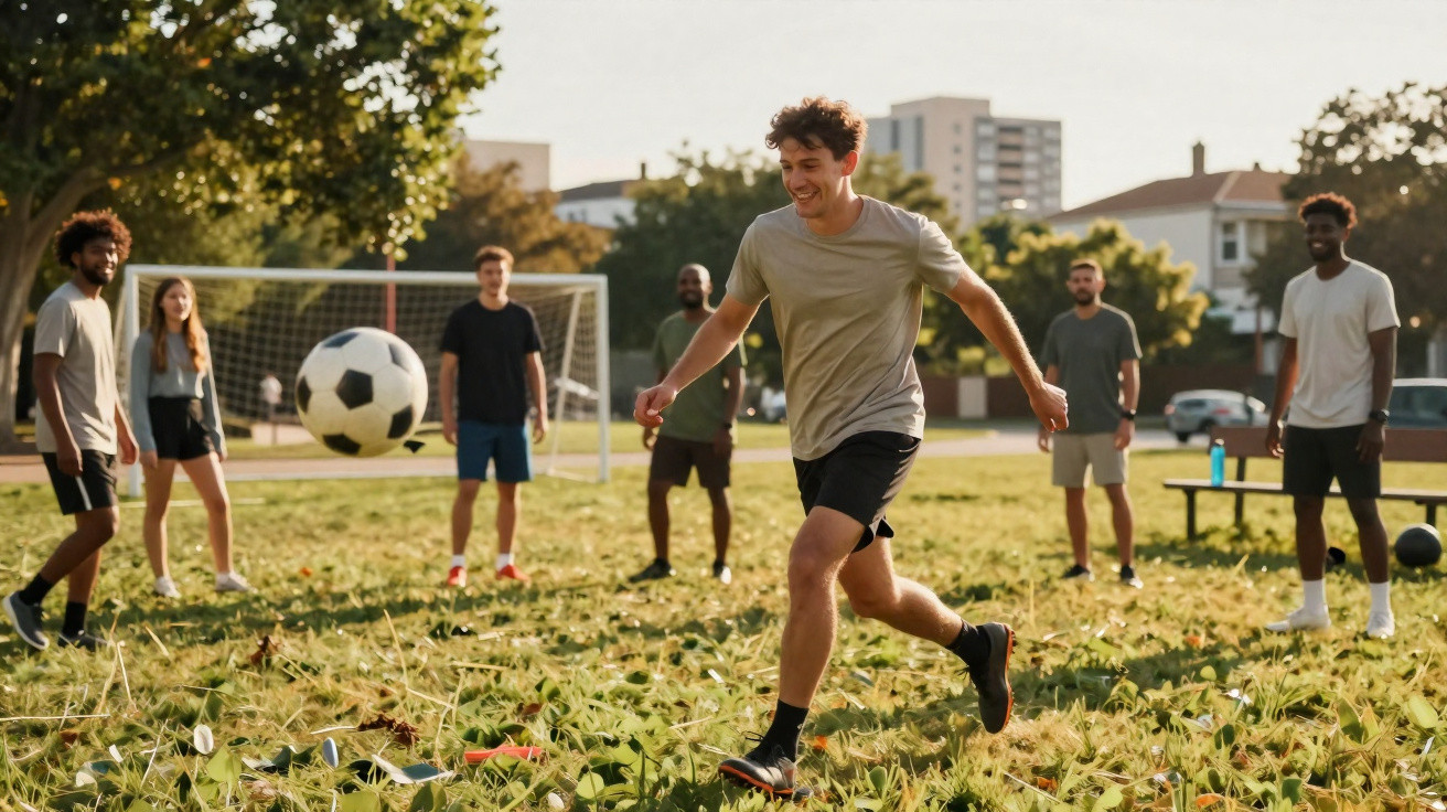 Jovem chutando bola de futebol em parque, com grupo de amigos sorrindo e assistindo ao fundo.