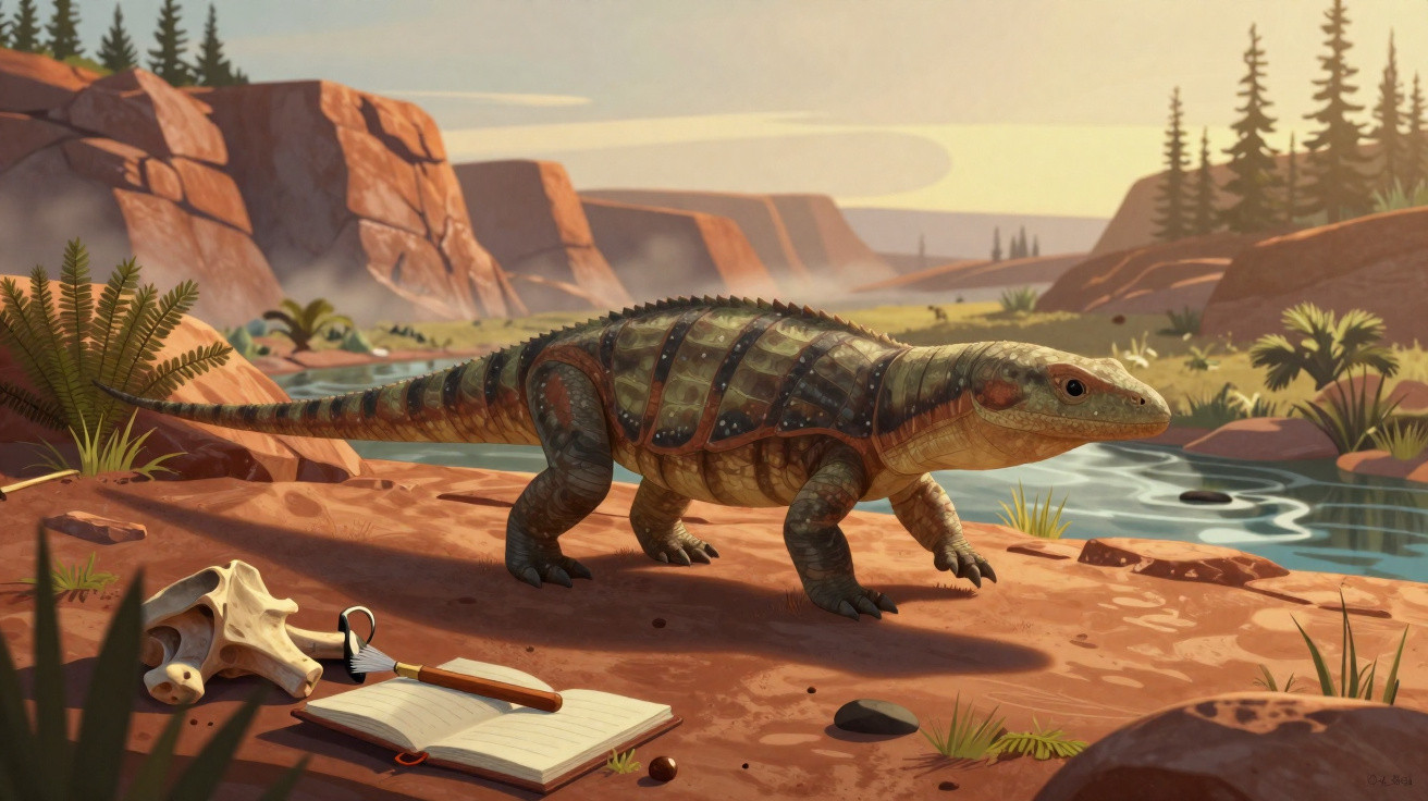 Dinossauro quadrúpede caminhando perto de um rio em cenário desértico com caderno, chave e ossos ao chão.
