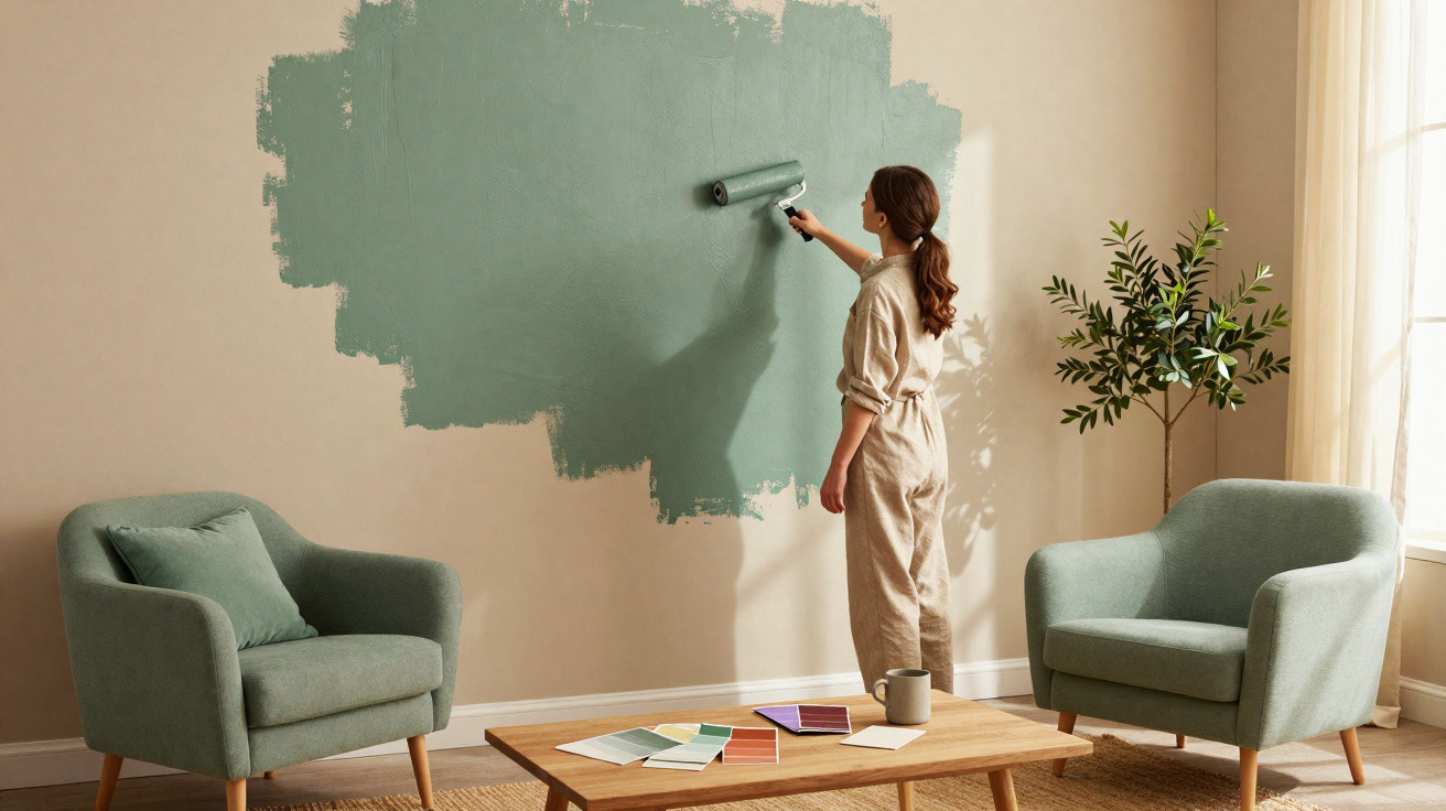 Mulher pintando parede de bege para verde em sala com poltronas, mesa de madeira e planta.