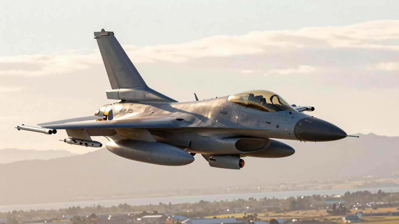 Caça F-16 cinza voando sobre área urbana com céu claro ao fundo durante o dia.
