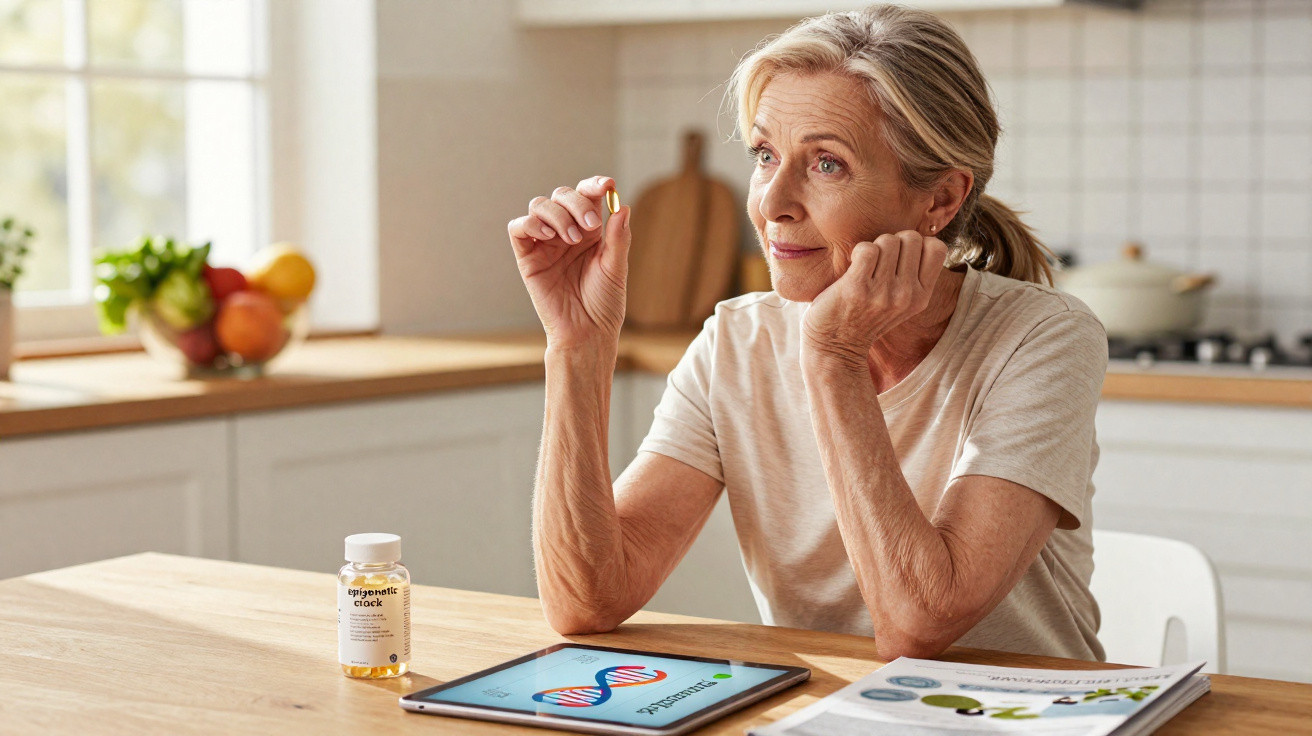 Mulher idosa segurando um comprimido sentada à mesa com frasco de cápsulas e tablet mostrando DNA à frente.