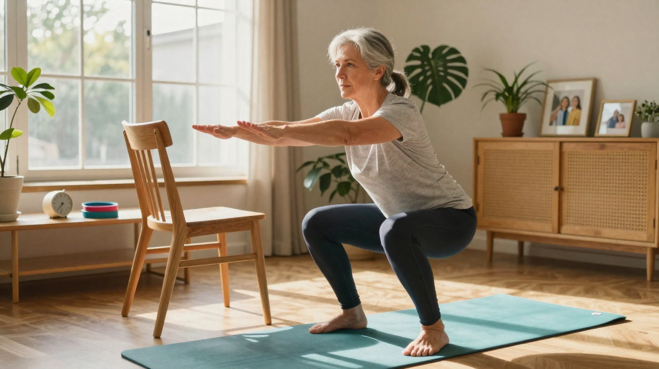 Mulher sênior praticando exercício de agachamento em tapete de yoga em sala iluminada e com cadeira ao lado.