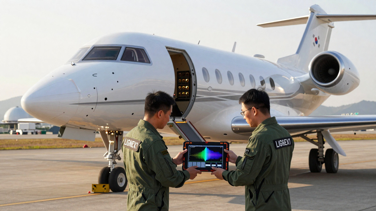 Dois homens em uniforme seguram tablet com gráfico perto de jato privado no aeroporto.