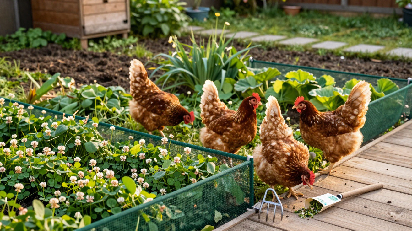 Cinco galinhas marrons ciscando perto de uma horta com plantas verdes e flores brancas.