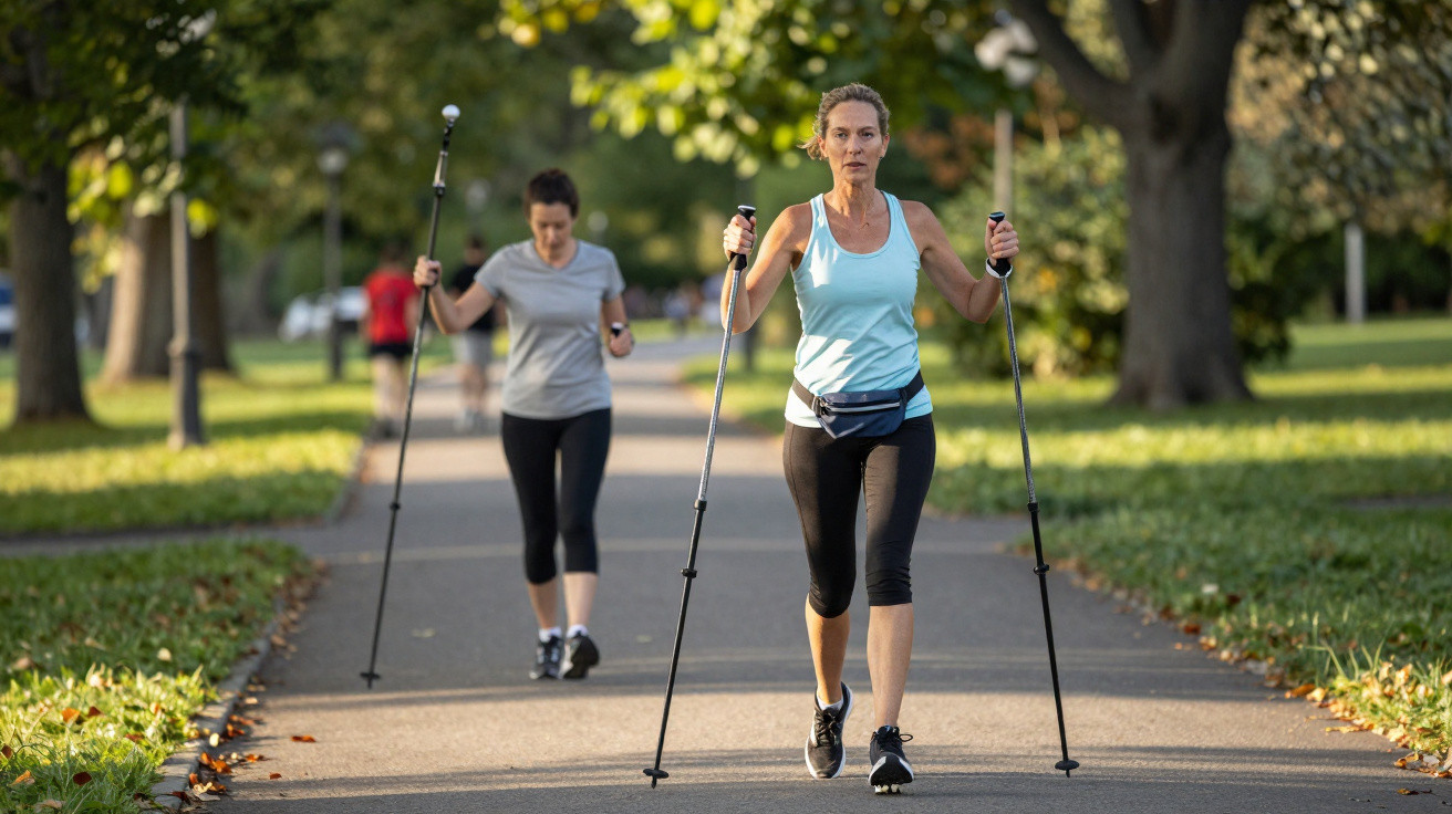Duas mulheres praticando caminhada com bastões em um parque ensolarado com árvores ao redor.