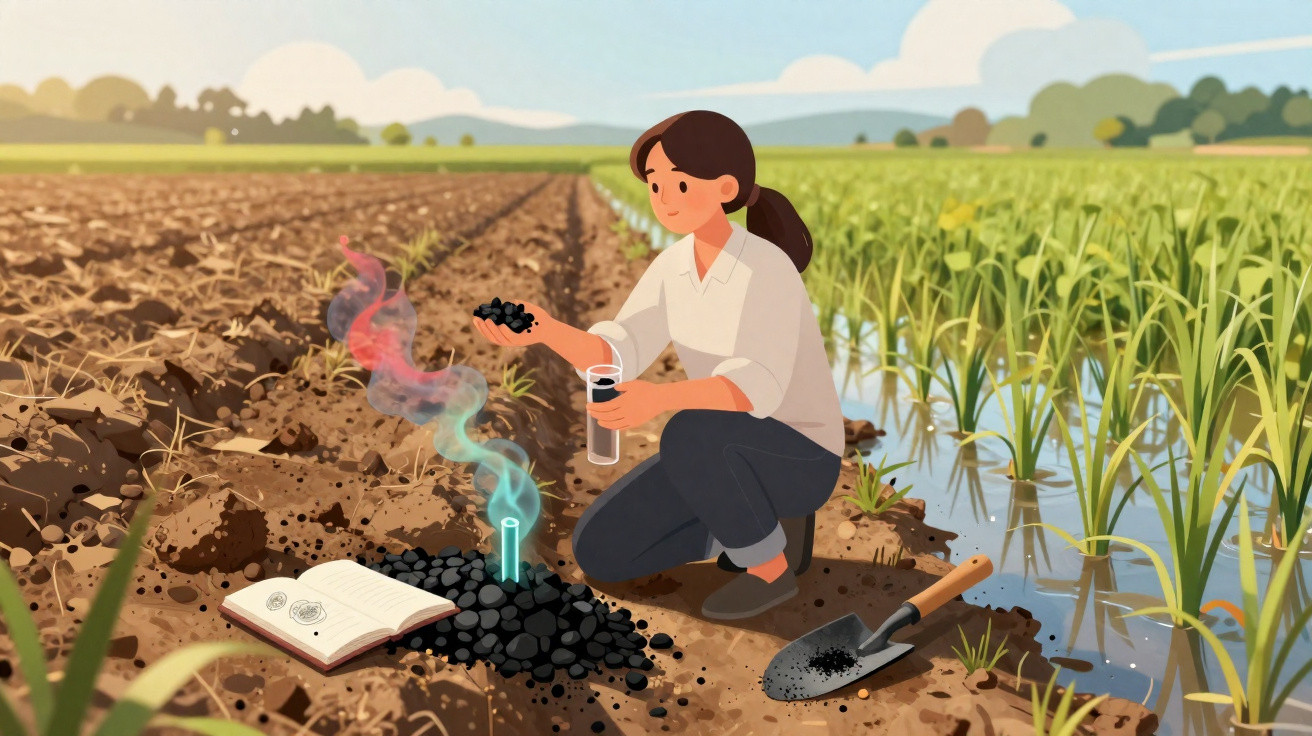 Mulher coletando amostras de solo em campo agrícola irrigado para análise, com livro e pá ao lado.