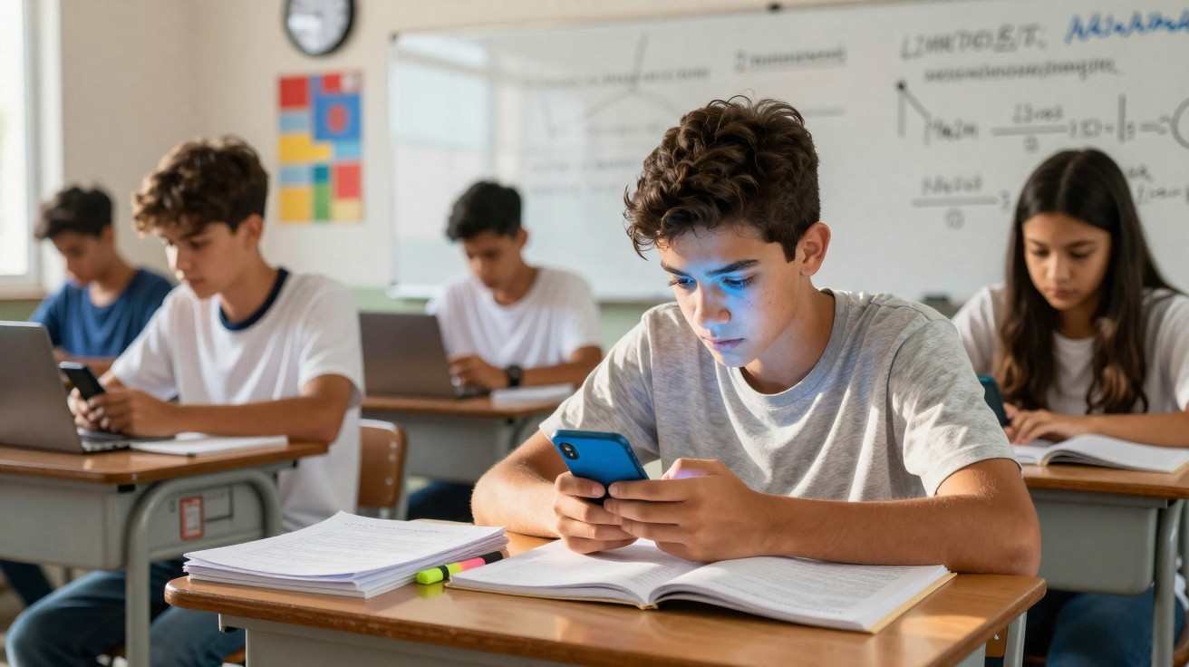 Estudantes em sala de aula usando celulares e laptops enquanto estudam sentados em carteiras.