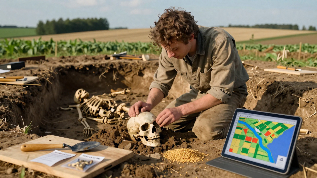 Homem em escavação arqueológica segura crânio humano em campo com tecnologia ao redor.