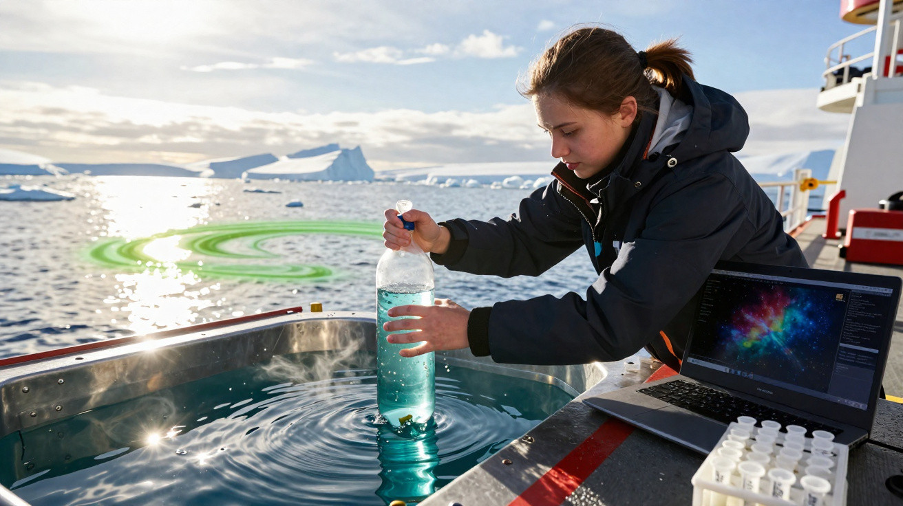 Pessoa coleta amostra de água azul do oceano em ambiente polar, com laptop e tubos de ensaio ao lado.