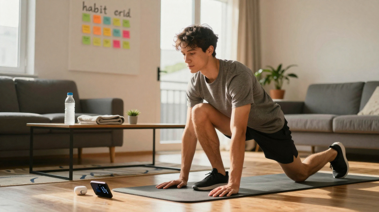 Jovem fazendo alongamento em tapete de exercício na sala, com celular e fones próximos.