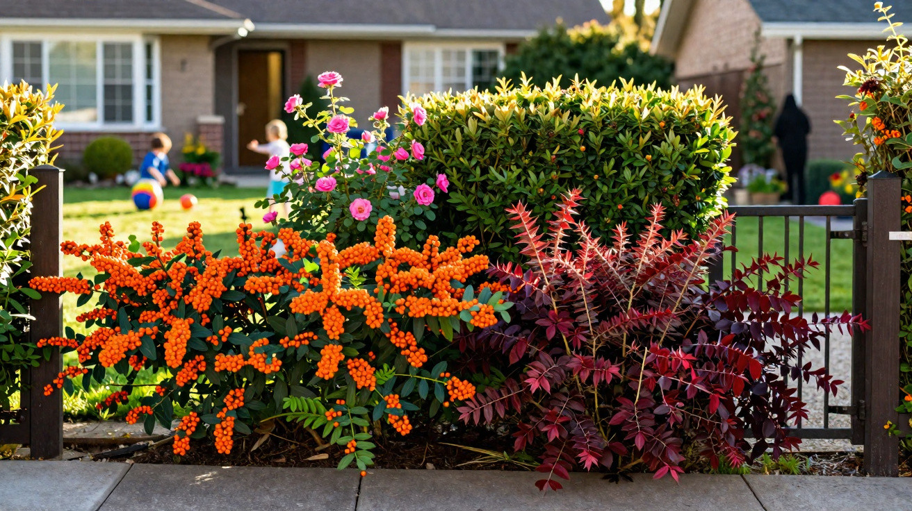 Jardim colorido com arbustos e flores vibrantes em frente a casa com crianças brincando no fundo.