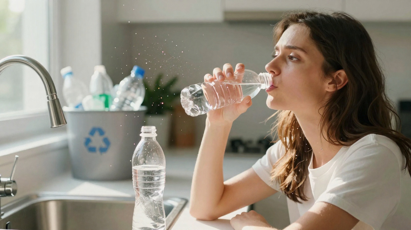 Mulher jovem bebendo água de garrafa plástica na cozinha, com lixeira de reciclagem ao fundo.