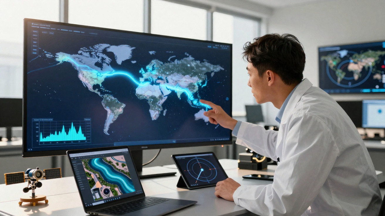 Homem em jaleco analisa mapa digital com rotas e dados em múltiplas telas em sala de controle moderna.