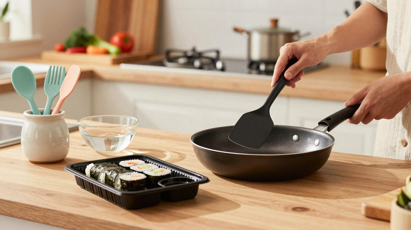 Pessoa segurando espátula e frigideira na cozinha com sushi, copo de água e utensílios coloridos na bancada.