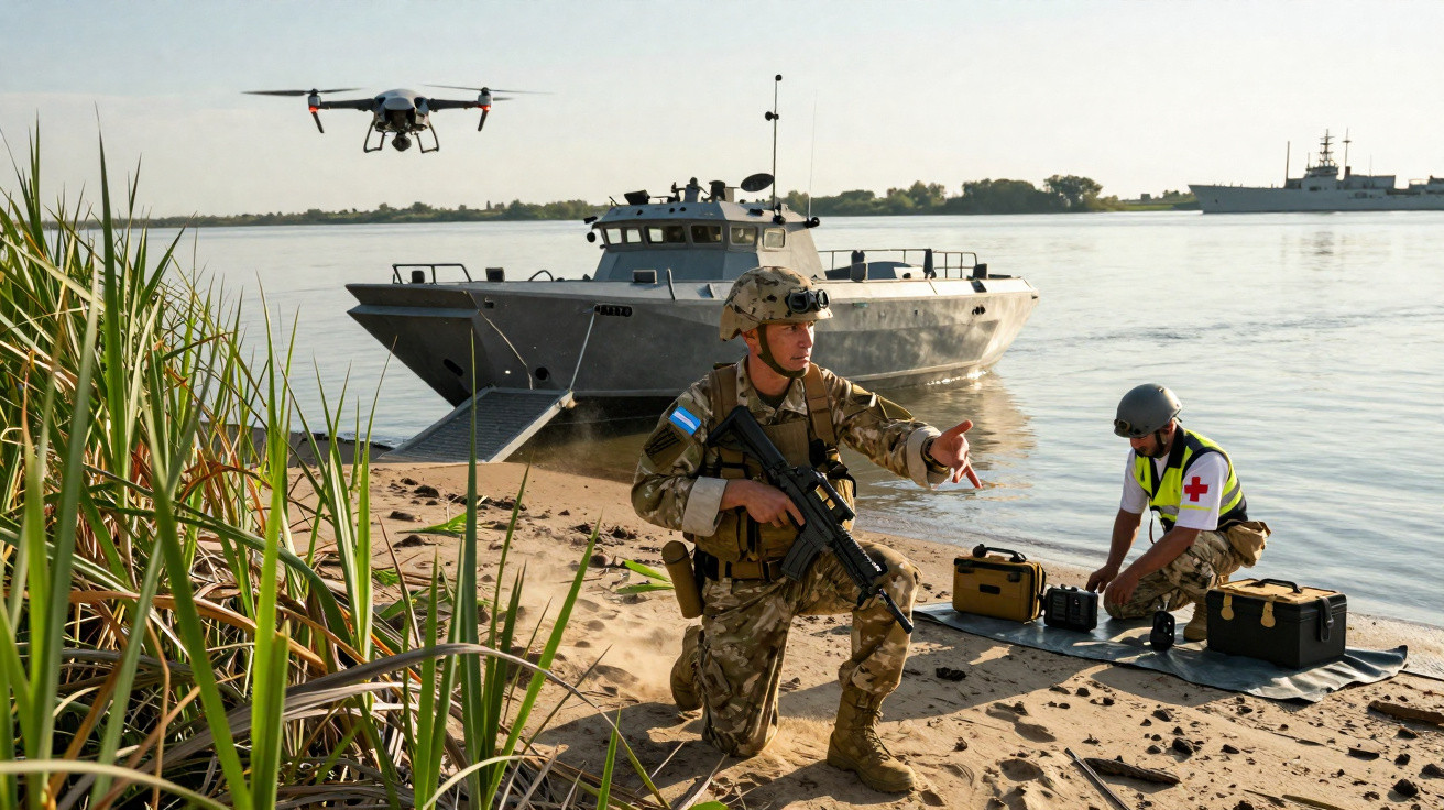Soldado armado em praia com barco militar, drone voando e socorrista com equipamentos médicos ao fundo.
