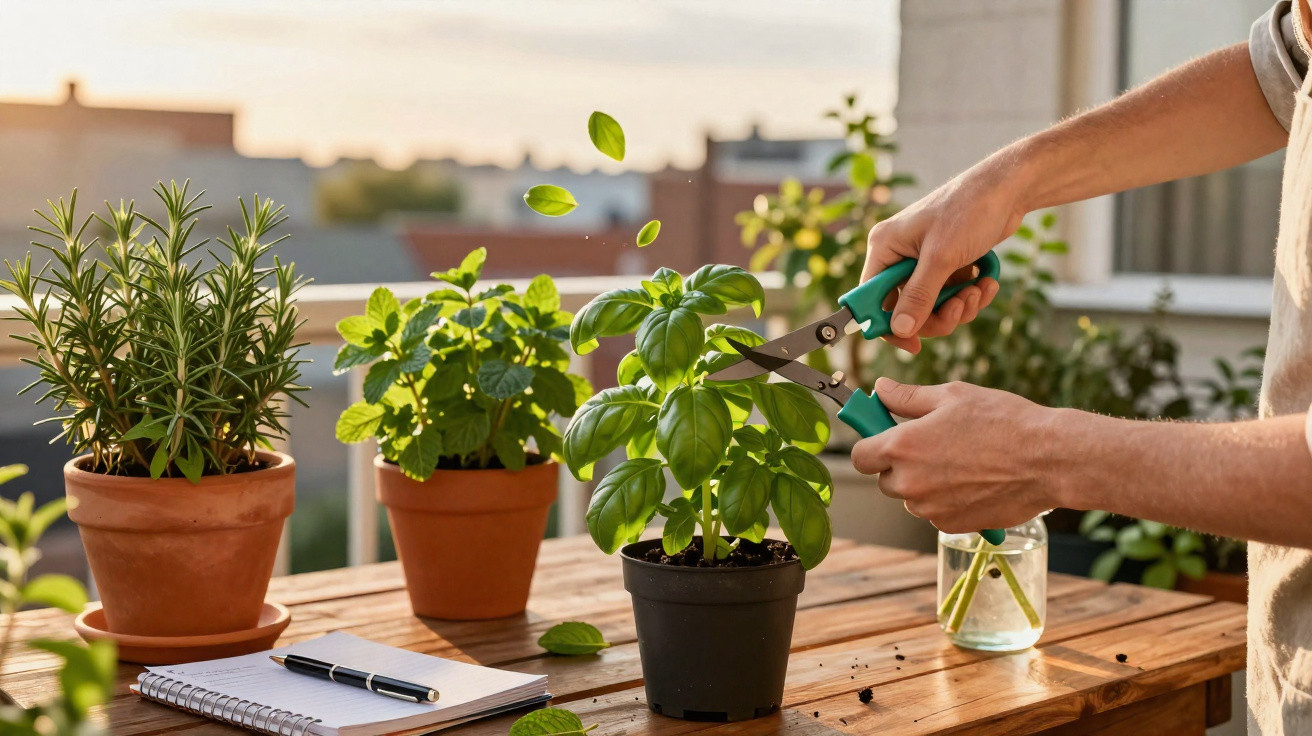 Pessoa podando manjericão em vaso, com outras plantas, caderno e caneta sobre mesa de madeira.
