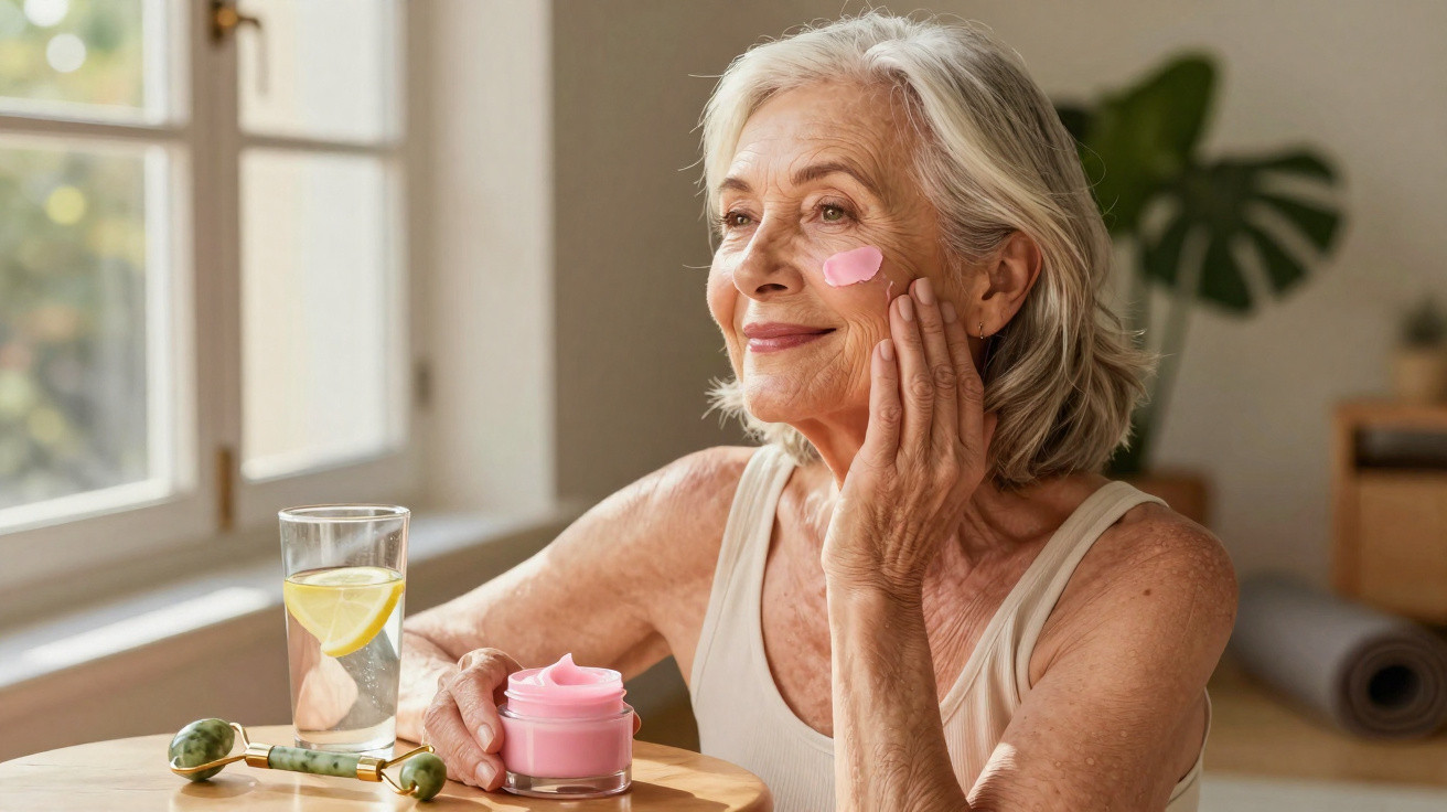 Mulher idosa aplicando creme facial rosa, sentada à mesa com vidro de água e rolo de jade.