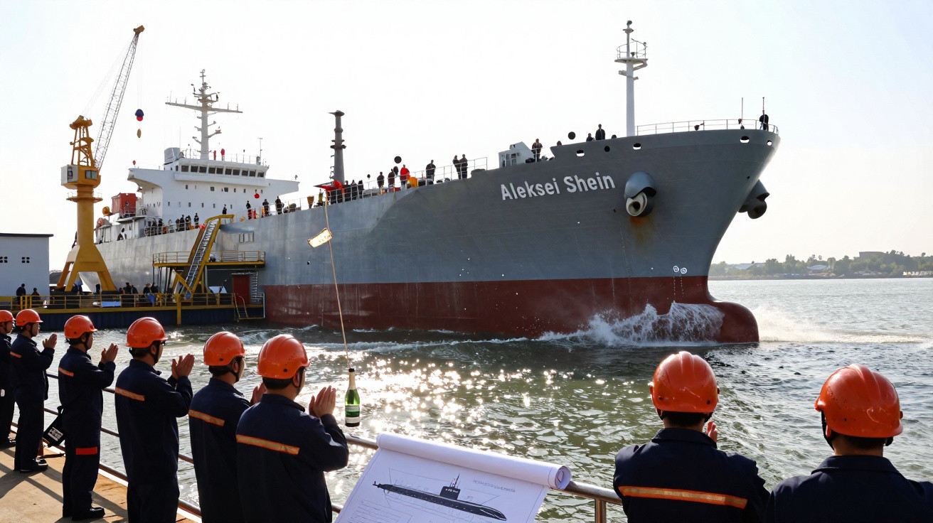 Navio Aleksei Shein atracado, com trabalhadores de capacete laranja aplaudindo no cais.