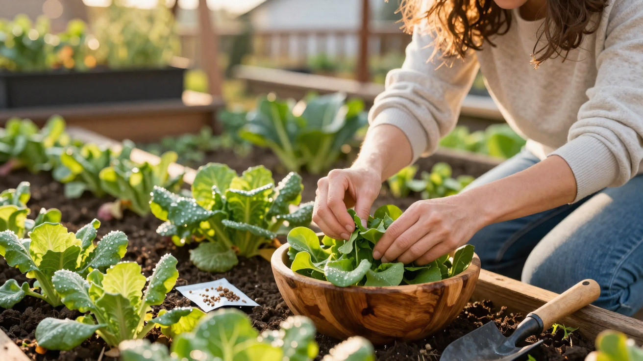 Pessoa colhendo folhas verdes em horta caseira ensolarada, com pá de jardinagem ao lado.