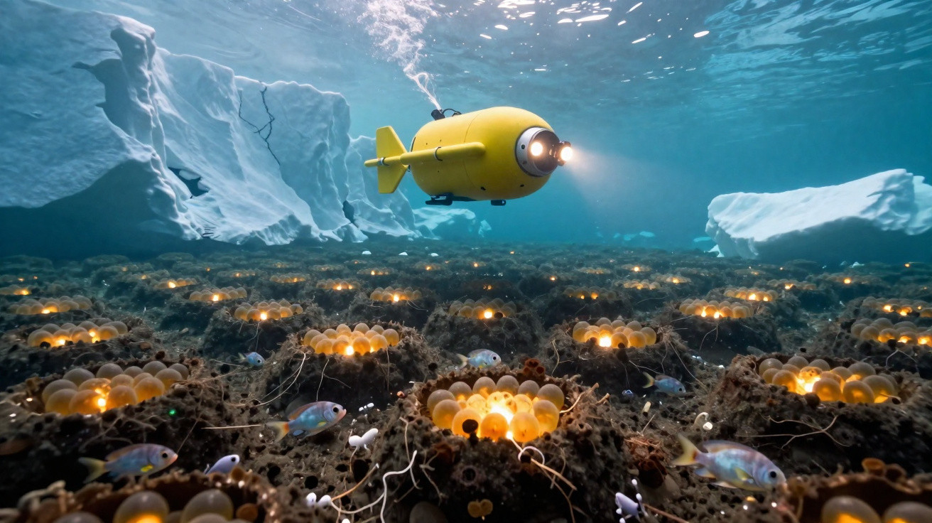 Veículo subaquático amarelo com luz explorando fundo oceânico com peixes e formações bioluminescentes.