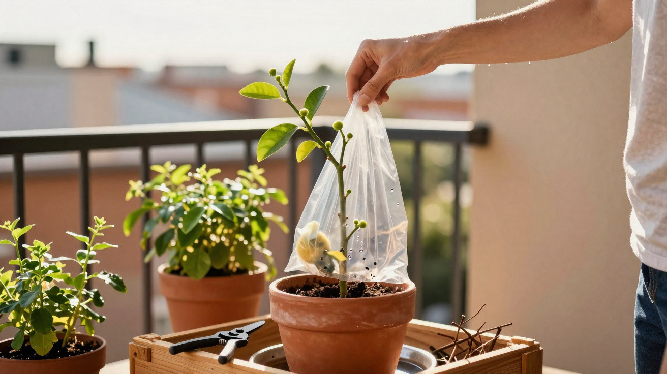 Mão cobrindo muda de planta com saco plástico em vaso no terraço com outras plantas ao fundo.