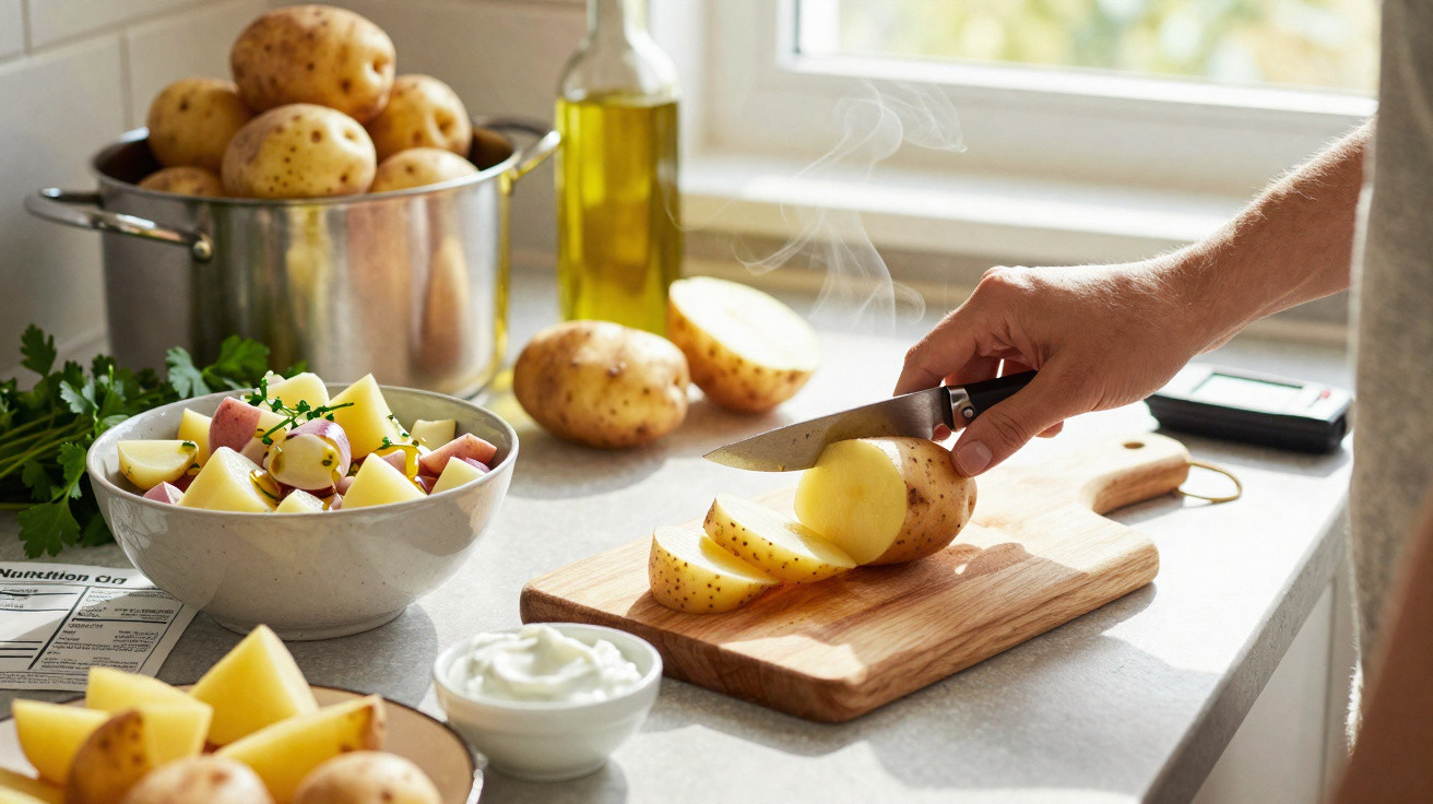 Mão cortando batata cozida em tábua de madeira com tigela de batatas, azeite e molho na bancada.