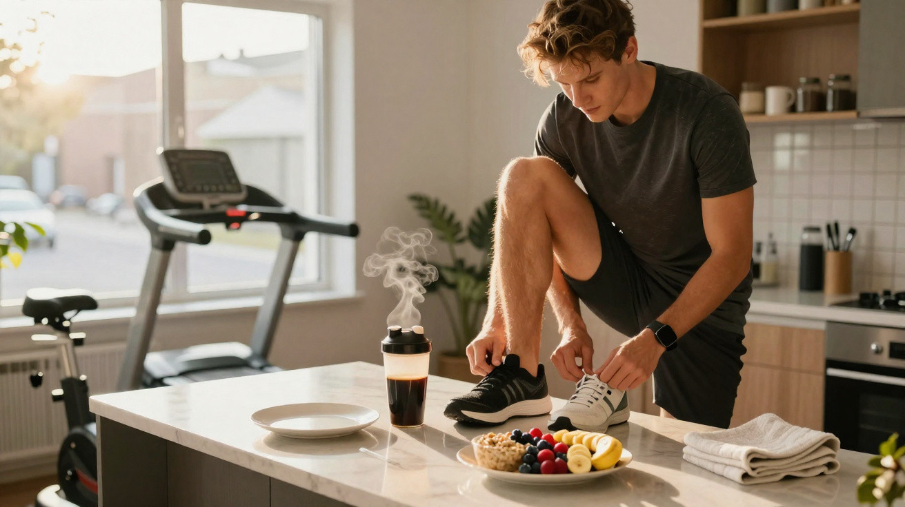 Homem amarrando tênis na cozinha com frutas, cereal e café em copo térmico na bancada.