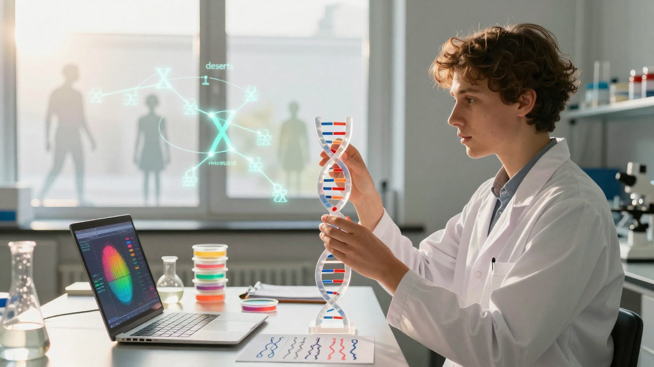 Jovem cientista em laboratório analisando modelo de DNA com laptop e equipamentos ao redor.