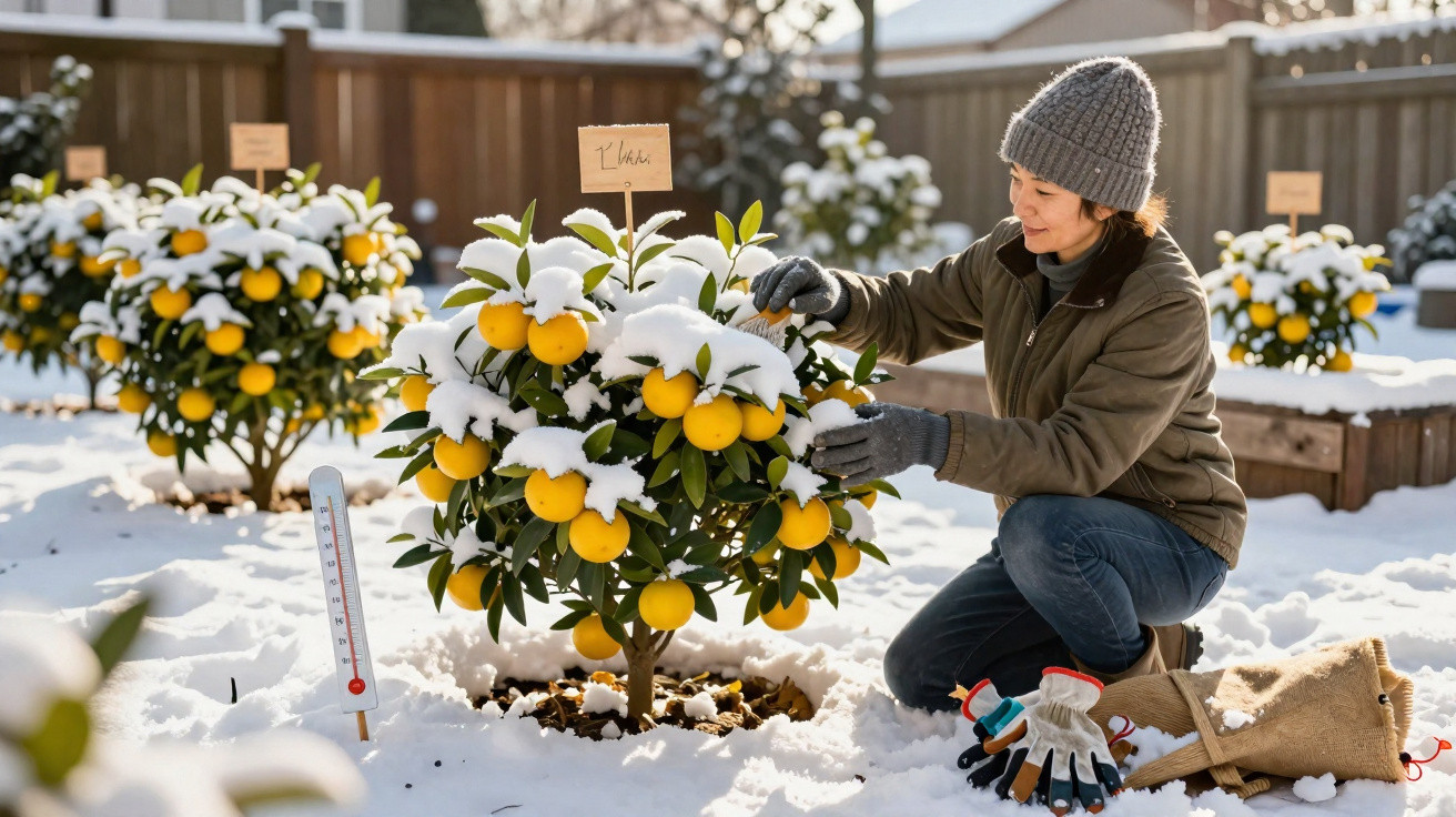 Mulher cuidando de árvore de laranja coberta de neve em jardim residencial no inverno.