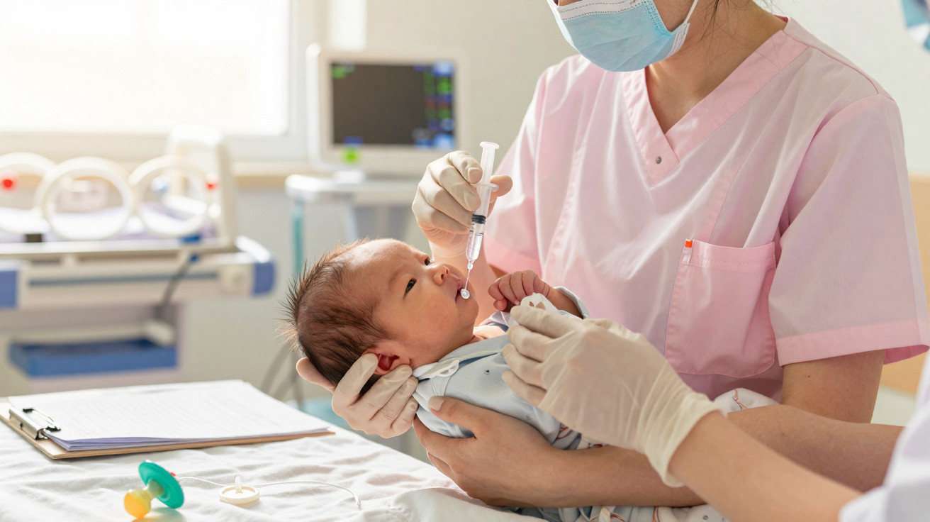 Profissional de saúde aplica gota oral de remédio em bebê recém-nascido em ambiente clínico.