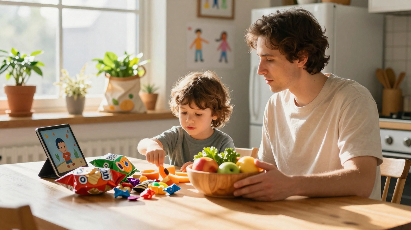 Pai e filho brincam com figuras coloridas na mesa da cozinha iluminada pela luz natural.