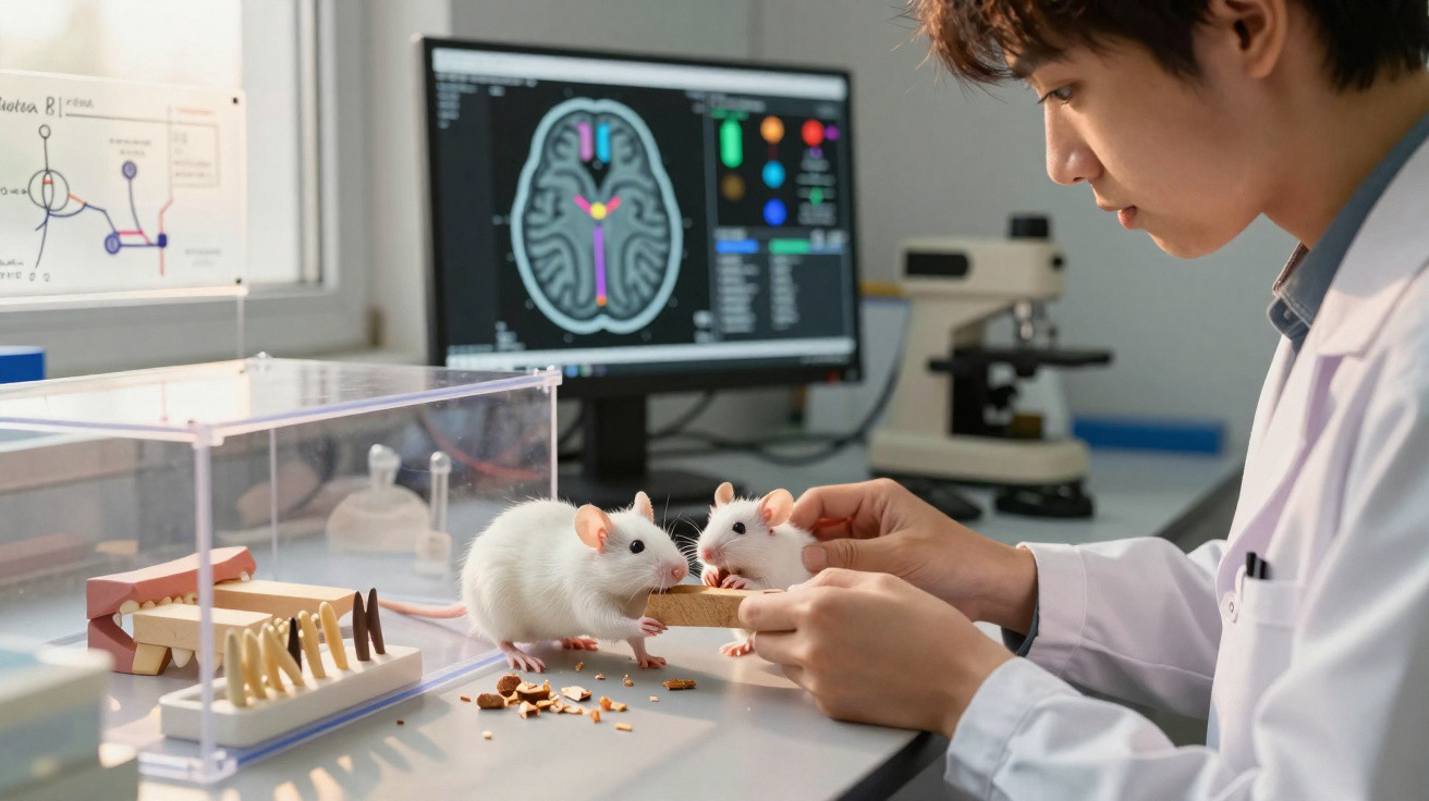 Cientista em laboratório alimenta ratos brancos perto de computador com imagem de cérebro humano.