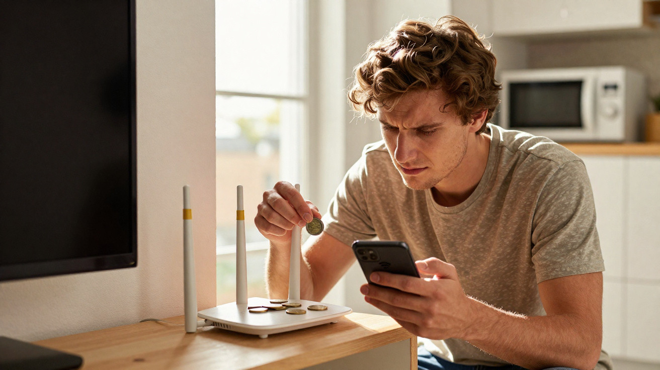 Jovem conta moedas sobre roteador Wi-Fi enquanto olha para celular com expressão preocupada.