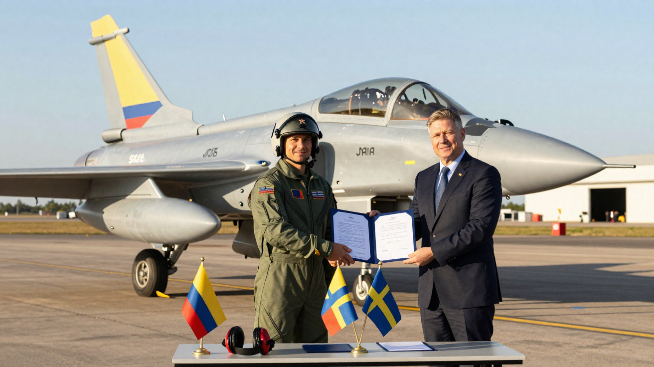 Piloto militar e homem de terno assinam documento em frente a caça Gripen com bandeiras da Colômbia e Suécia.