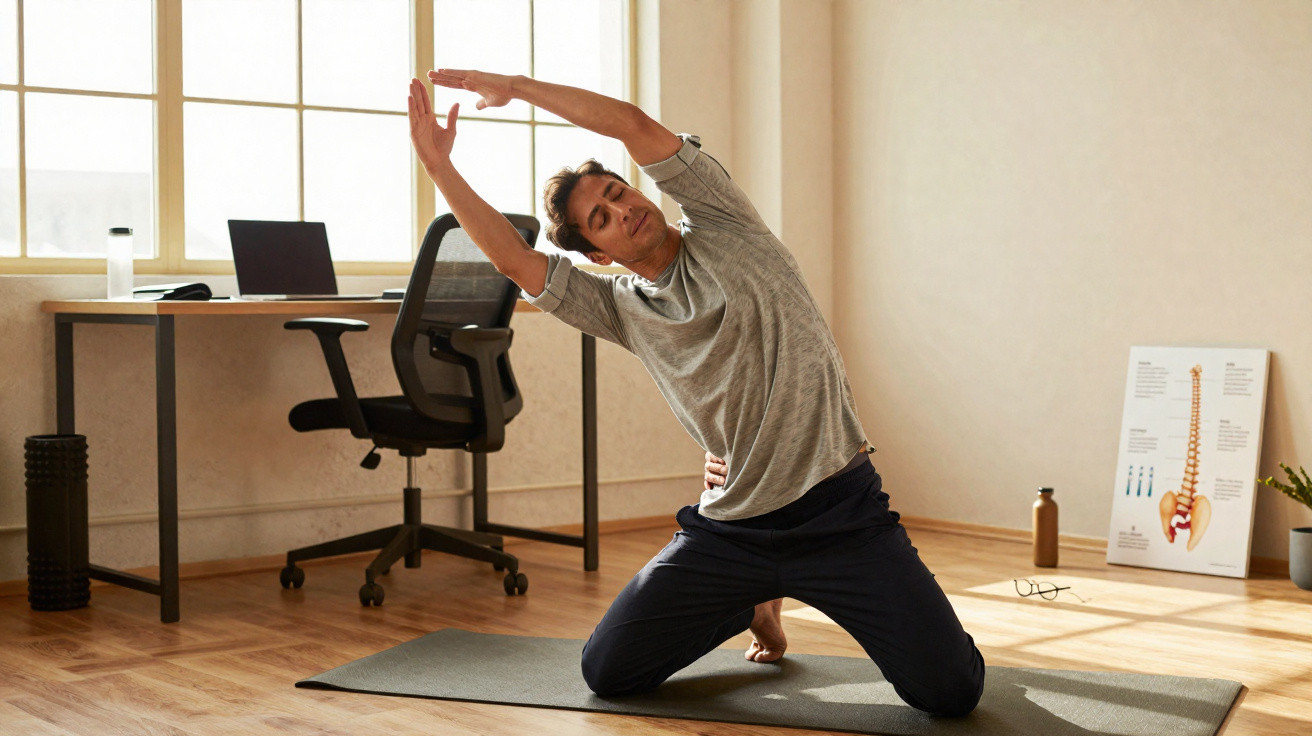 Homem faz alongamento lateral em tapete de yoga em ambiente claro e organizado.