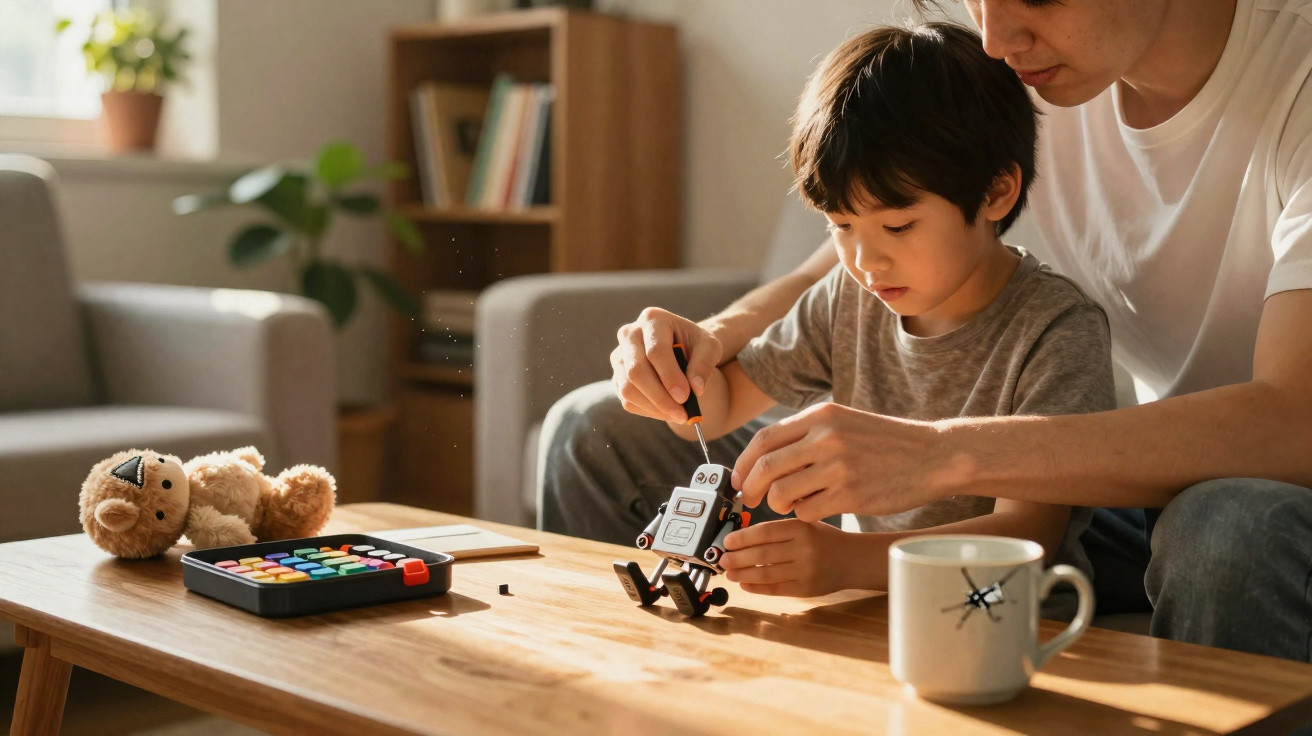 Pai e filho montando um robô de brinquedo juntos em uma sala iluminada e aconchegante.