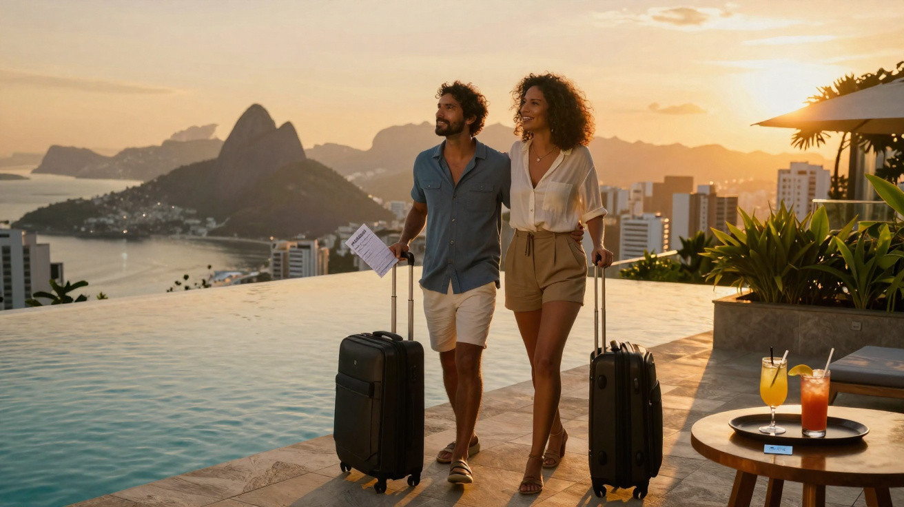 Casal caminhando com malas ao lado de piscina de borda infinita com vista da cidade e montanhas ao pôr do sol.
