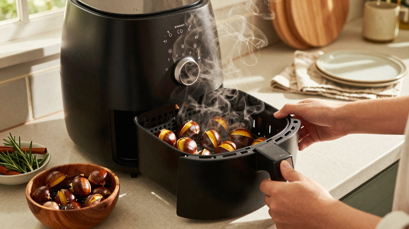 Pessoa retirando castanhas quentes e fumegantes de uma air fryer preta na cozinha.