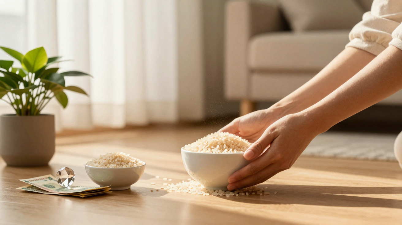 Mãos seguram tigela com arroz, outra tigela com arroz, dinheiro e planta sobre chão de madeira.