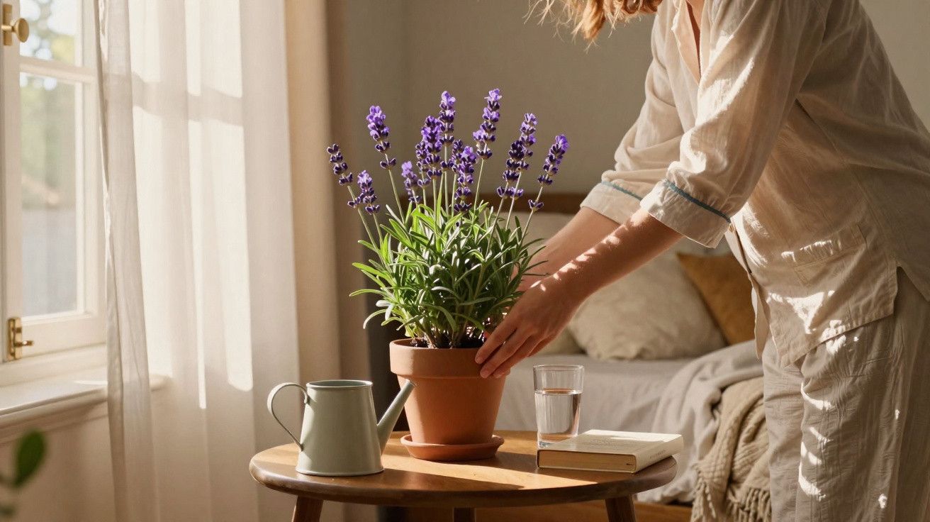Pessoa cuidando de planta de lavanda em vaso sobre mesa com regador, copo d'água e livro junto à janela.