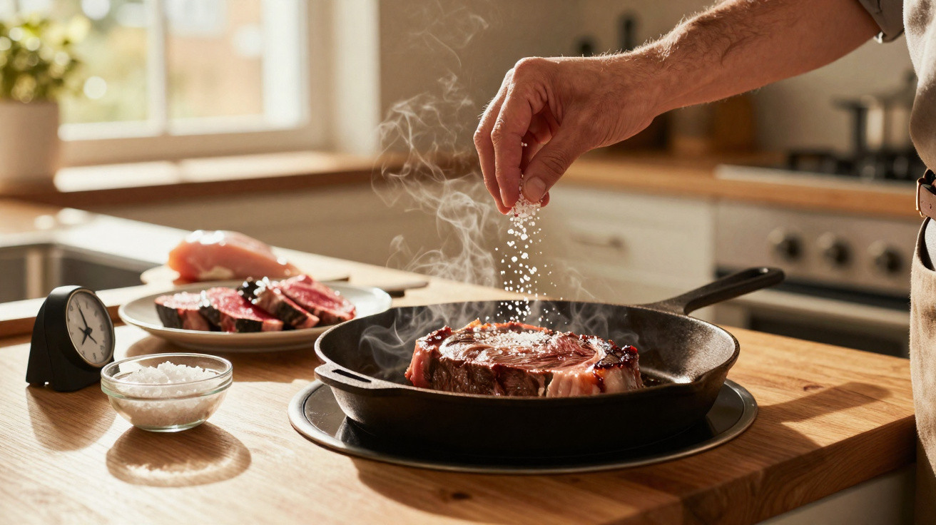 Mão temperando bife na frigideira fumegante em cozinha iluminada com sal grosso e carne crua ao fundo.