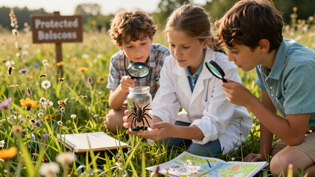 Crianças observando aranha em pote com lupas em campo florido durante atividade ao ar livre.