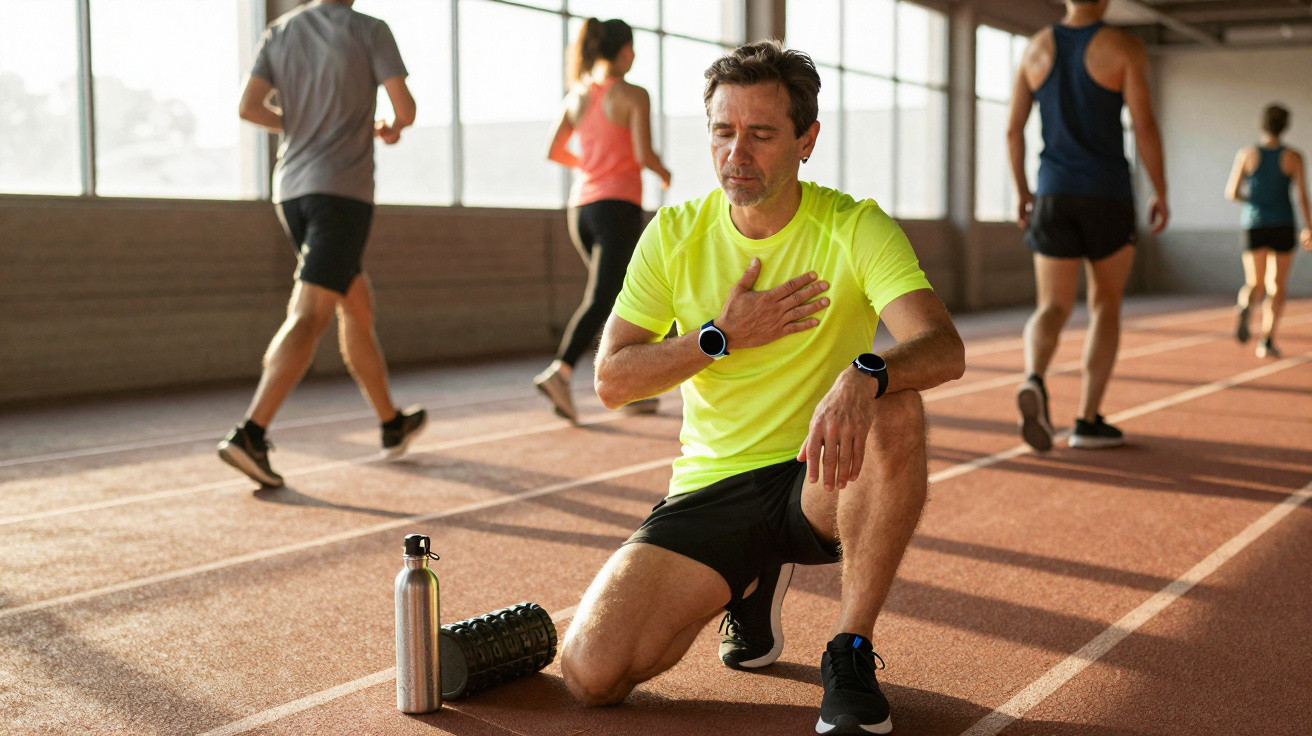 Homem em roupa esportiva, ajoelhado na pista, segurando o peito com expressão de desconforto.
