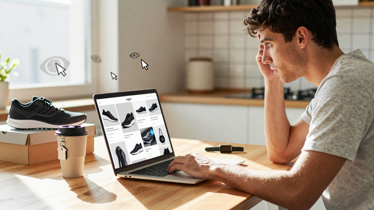 Homem jovem sentado, olhando preocupado para laptop com site de tênis, em cozinha clara e moderna.